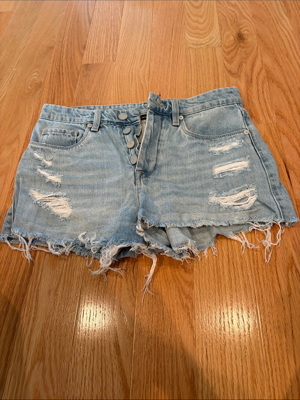 Blank NYC Light Blue Distressed Denim Button-Front Shorts